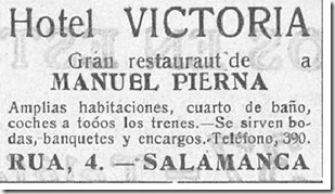 Recorte prensa histórica, anuncio del Hotel Victoria de Salamanca en la calle de la Rúa