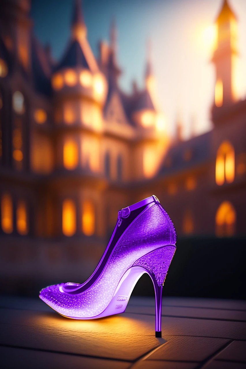 Portada para Cinderella 2.0 cuento de Laura Rivas Arranz. Un zapato de princesa morado y un palacio desenforcado al fondo