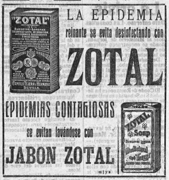 Anuncio de jabón ZOTAL en la epidemia de gripe de1918