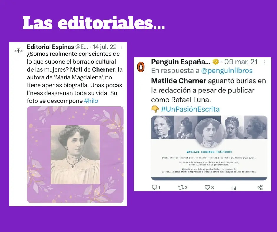 Capturas de la editorial Espinas y Penguin España utilizando erroenamente una foto de Ángela Barco como si fuera Matilde Cherner