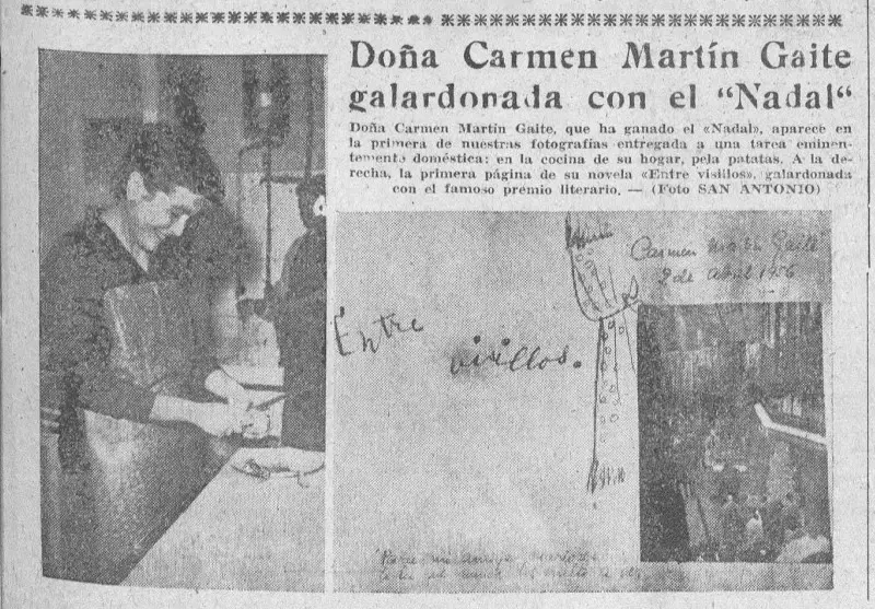 Carmen Martín Gaite pelando patatas con ocasión de ganar el premio Nadal