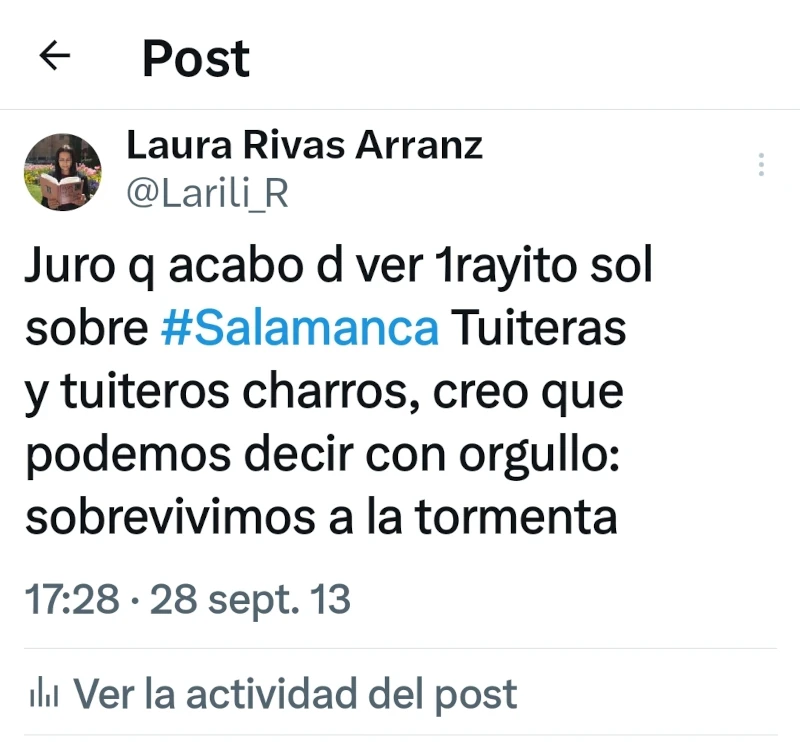 Tuit de Laura Rivas Arranz . Tormenta 27 de septiembre de 2013: 